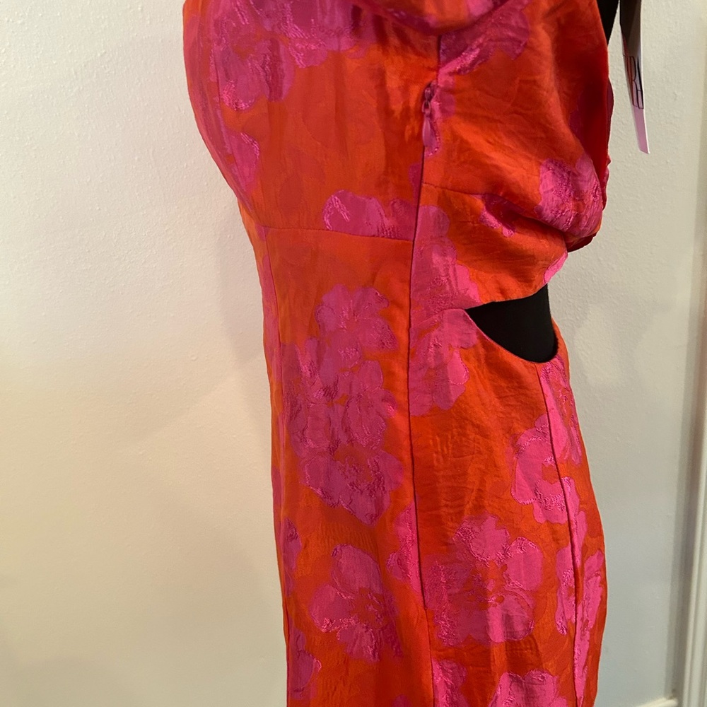 Zara Puff Sleeve Jacquard Fuchsia Floral Mini Dress Medium NWT - Picture 7 of 16